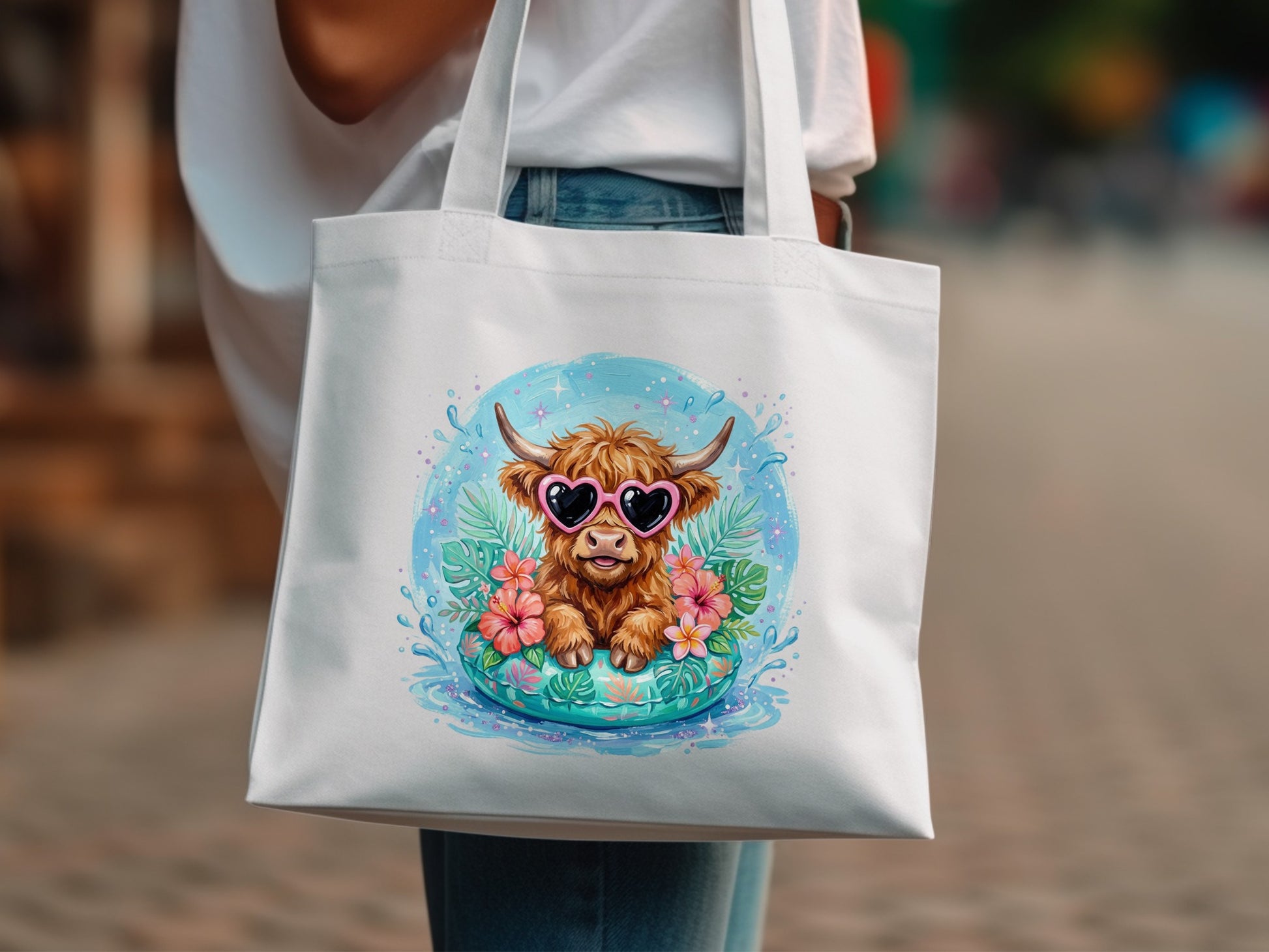 Highland cow with heart sunglasses in inflatable ring with flowers and water.