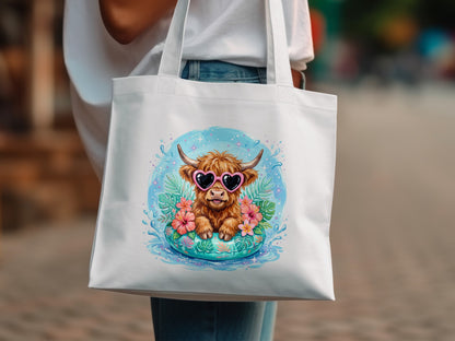Highland cow with heart sunglasses in inflatable ring with flowers and water.
