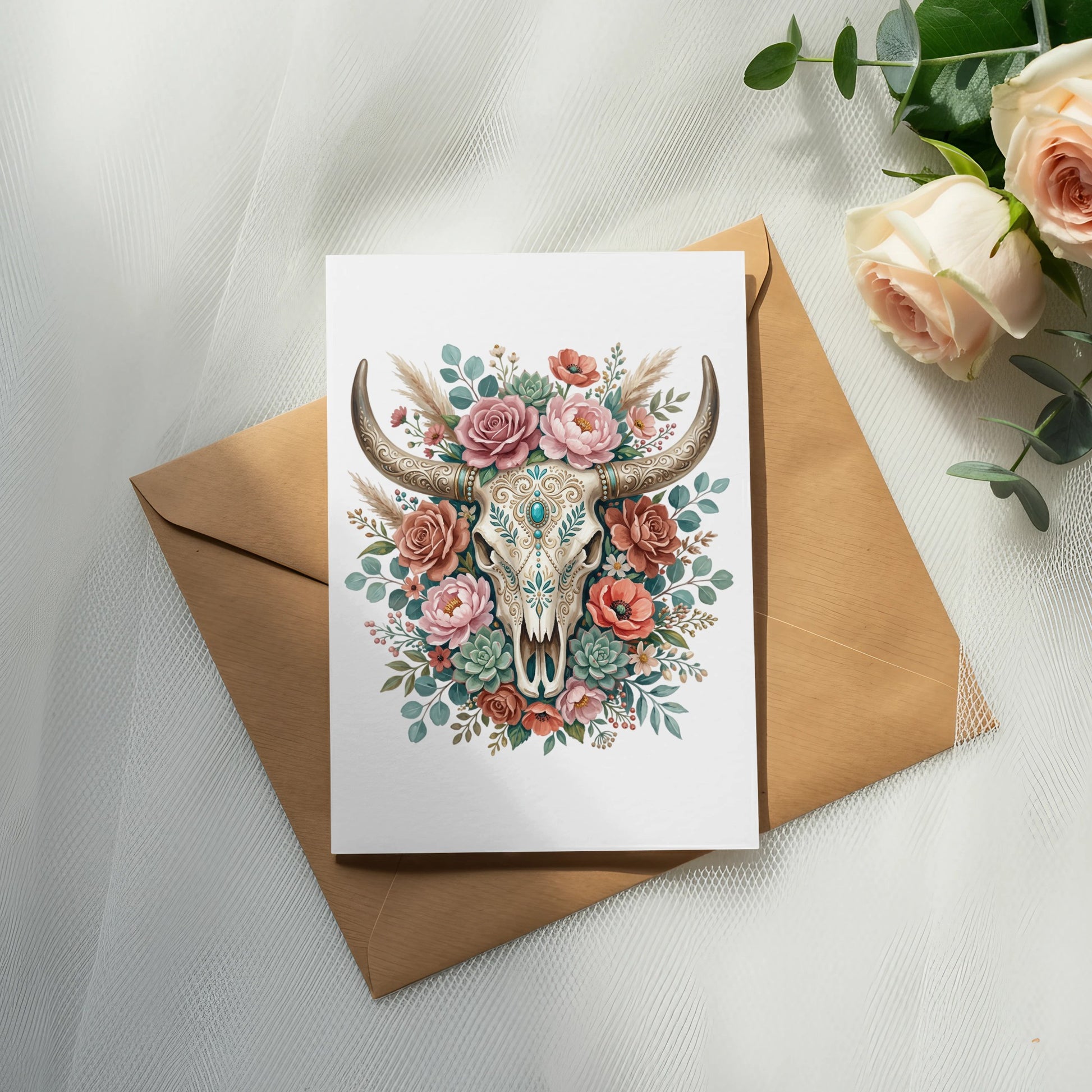 Bull skull adorned with flowers and succulents on a greeting card.