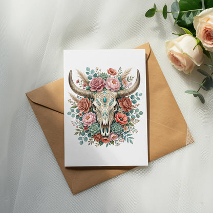 Bull skull adorned with flowers and succulents on a greeting card.