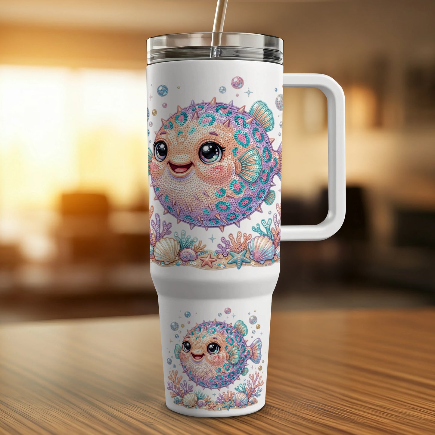 White tumbler with colorful pufferfish and seashell designs, with a handle.