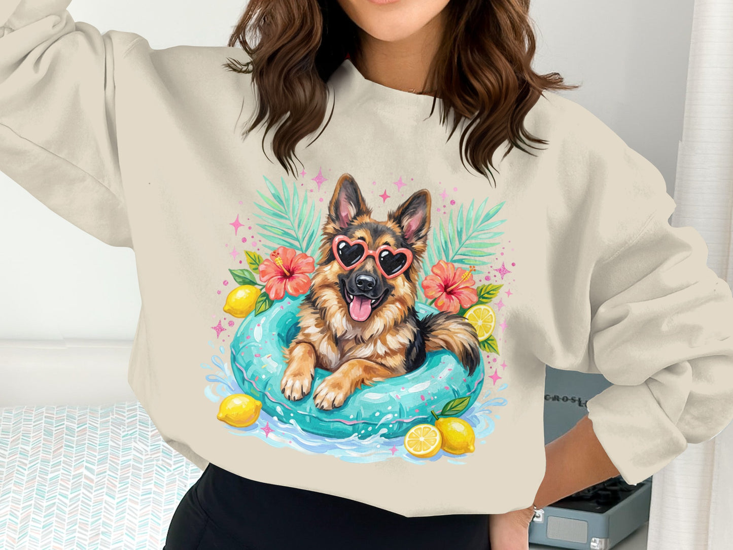 German Shepherd wearing heart-shaped sunglasses in an inner tube, surrounded by lemons and tropical leaves.