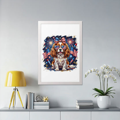 Cavalier King Charles Spaniel wearing American flag heart sunglasses.