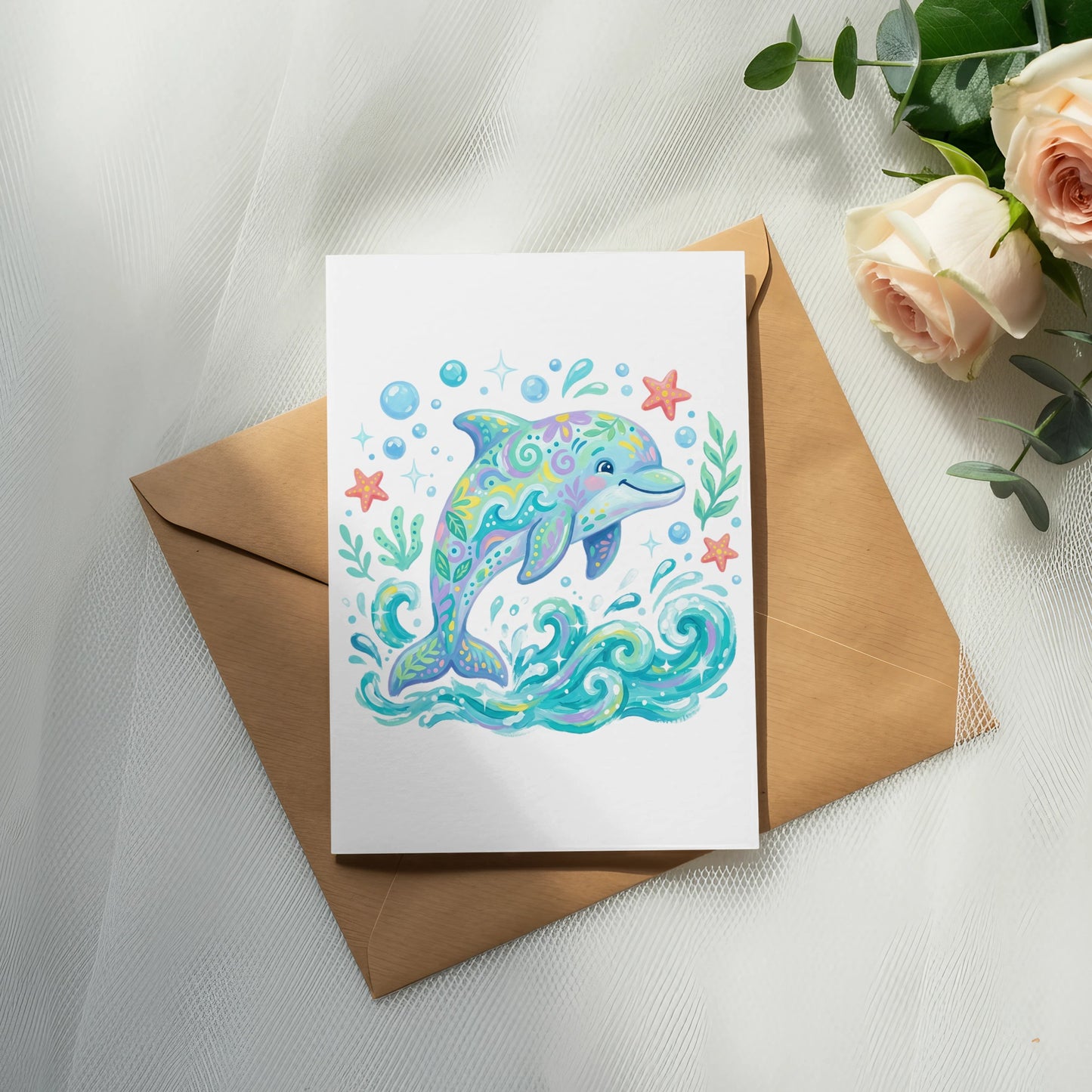 Card featuring a colorful, patterned dolphin leaping from waves with stars and bubbles.