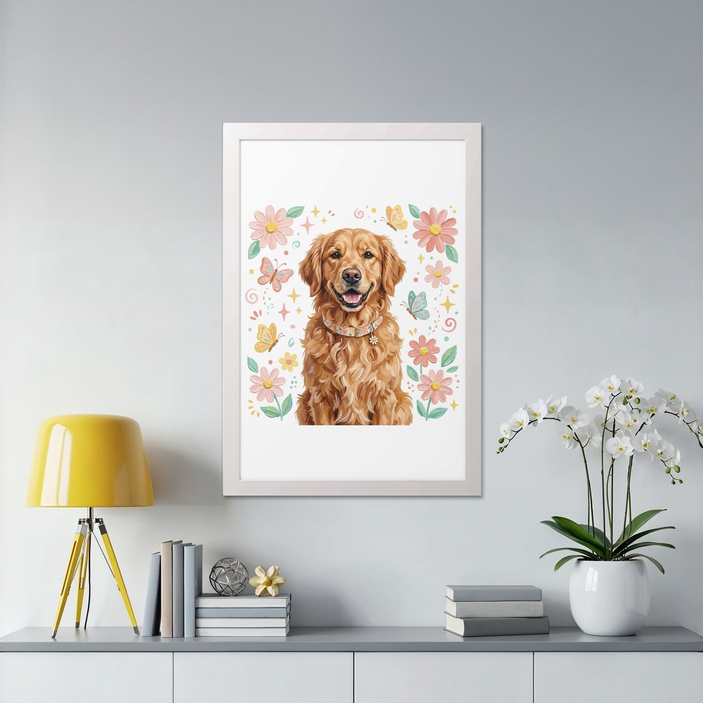 Golden Retriever dog in a floral frame with butterflies.