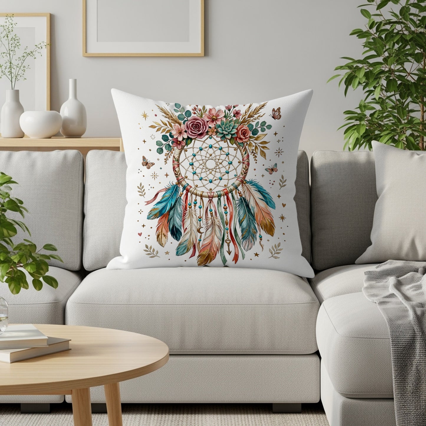 Dreamcatcher pillow with floral accents on a sofa.
