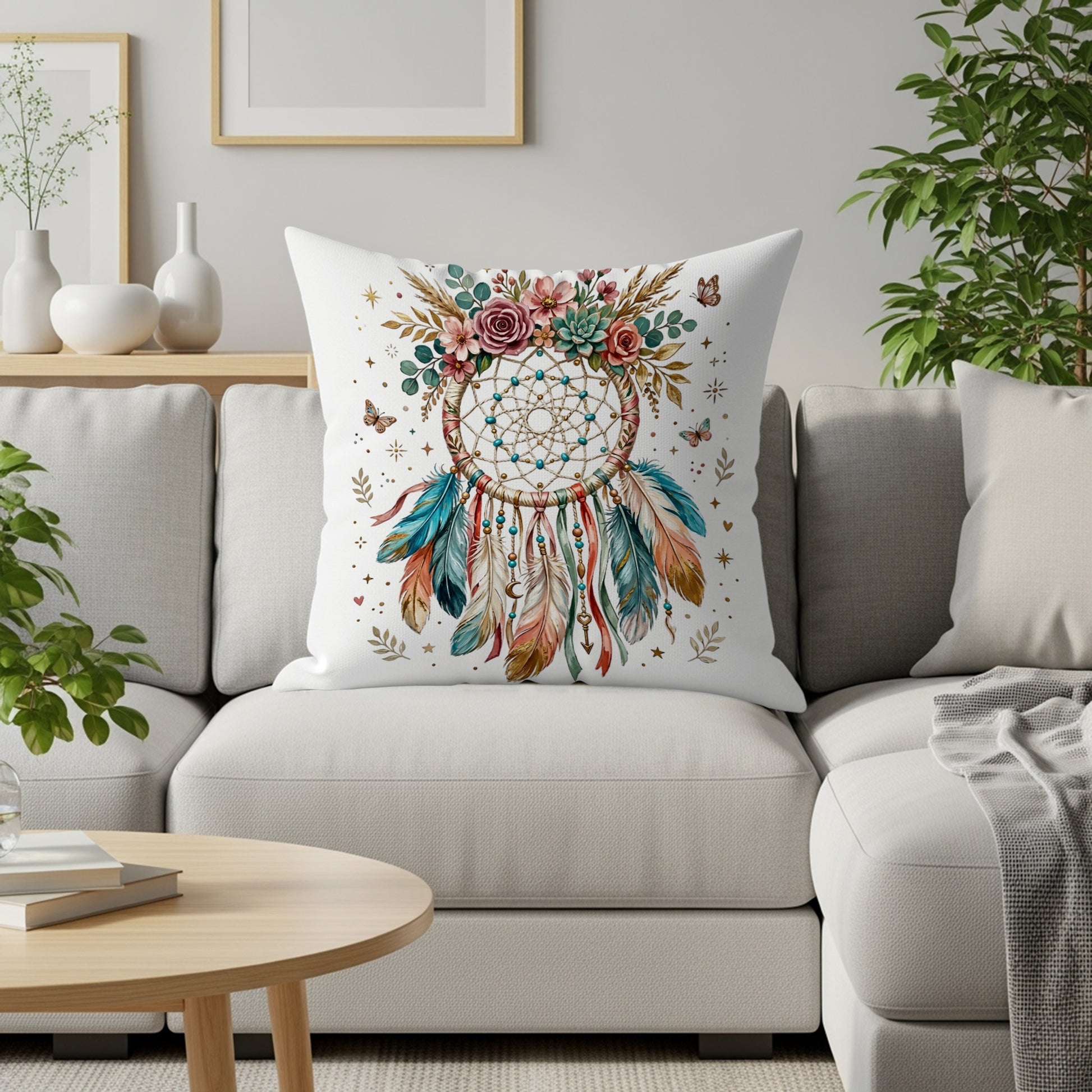 Dreamcatcher pillow with floral accents on a sofa.