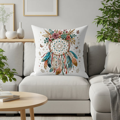 Dreamcatcher pillow with floral accents on a sofa.