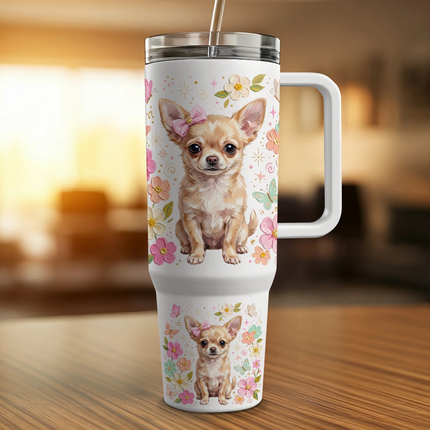 White tumbler with chihuahua puppies and floral pattern.