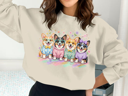 Four cartoon corgis wearing glasses and sweaters on a pastel background.