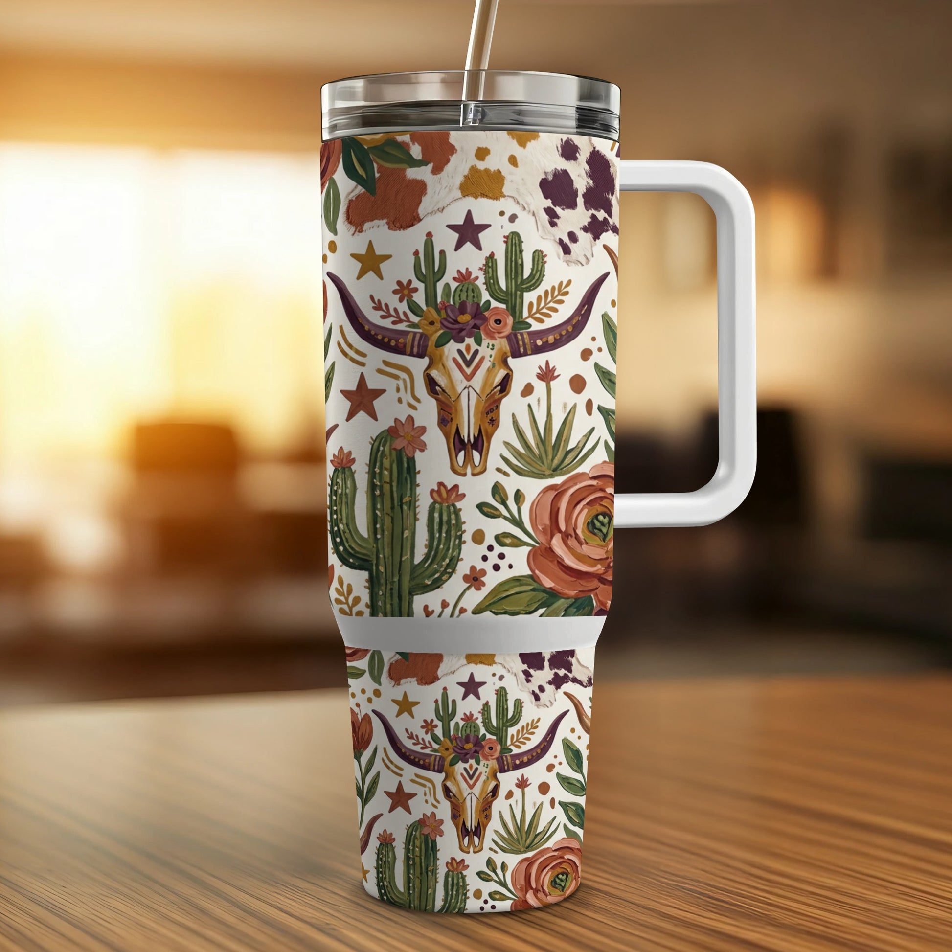 Cow print and floral design on a large travel tumbler with handle.