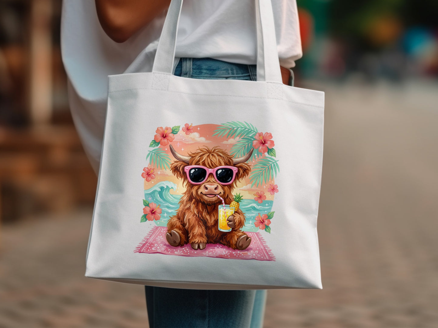 Highland cow wearing sunglasses holding a drink on a beach.