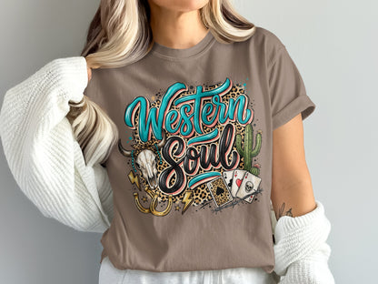 Western Soul graphic tee with leopard print, bull skull, cactus, and playing cards.