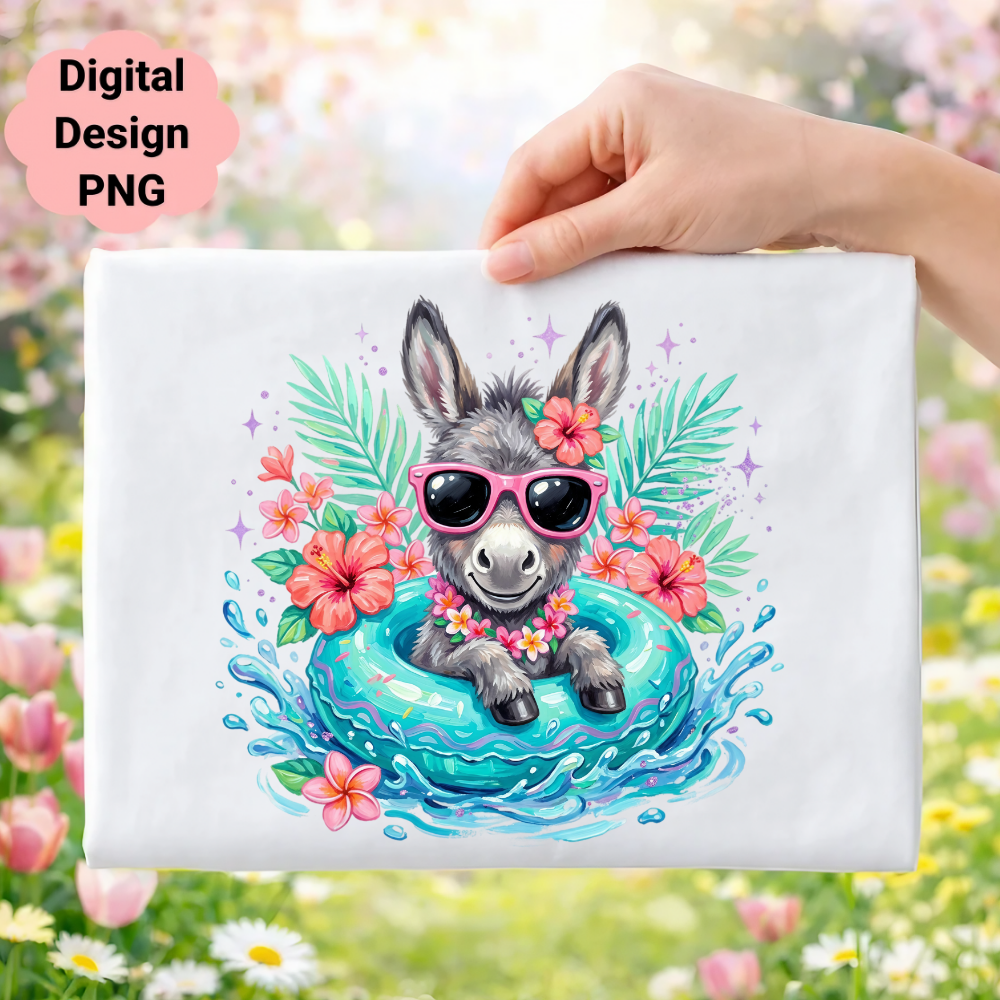 Donkey wearing sunglasses floats in a tropical-themed inner tube.