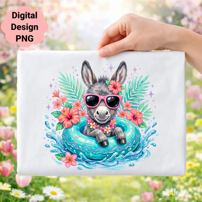 Donkey wearing sunglasses floats in a tropical-themed inner tube.