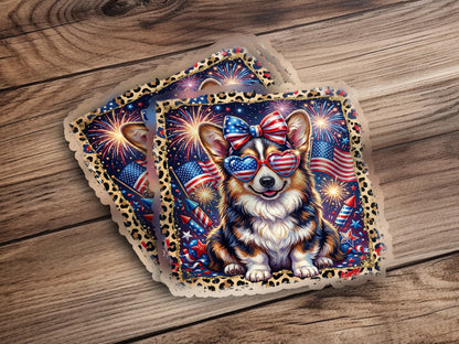Corgi wearing heart-shaped sunglasses with American flags and fireworks.