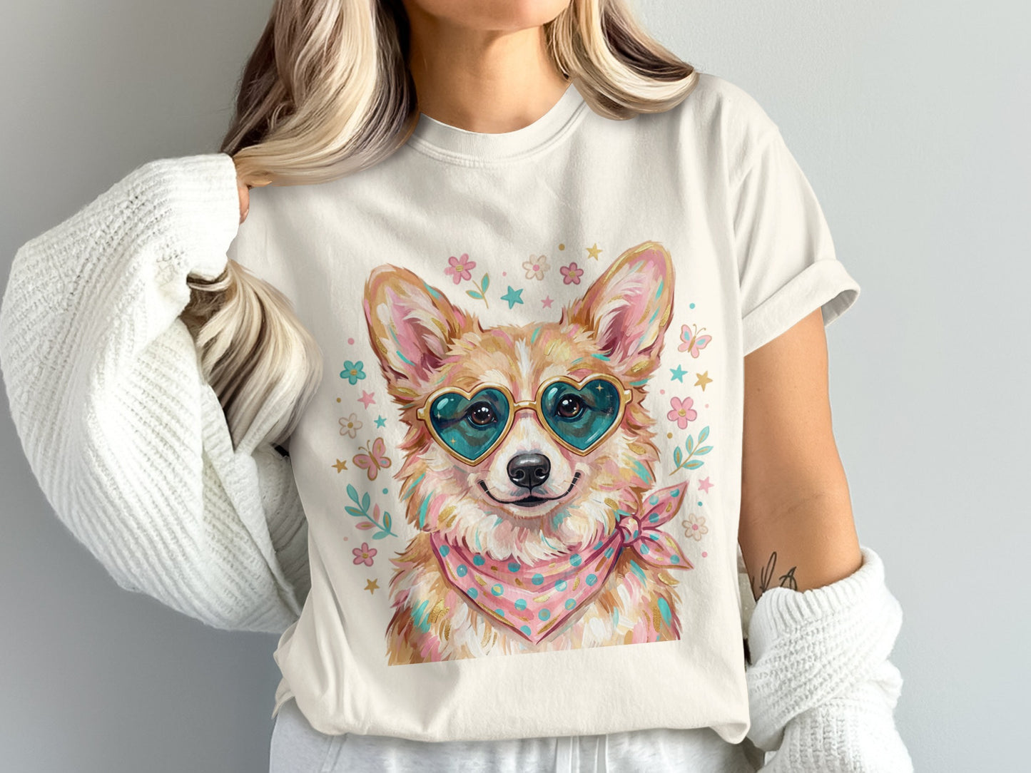 Corgi wearing sunglasses and bandana, surrounded by flowers and butterflies.