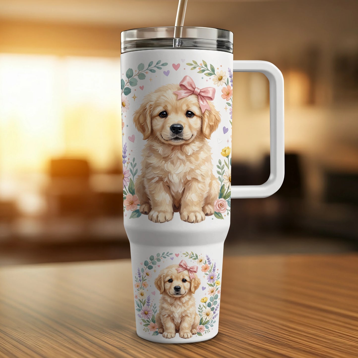 Golden retriever puppy with bow on insulated tumbler.