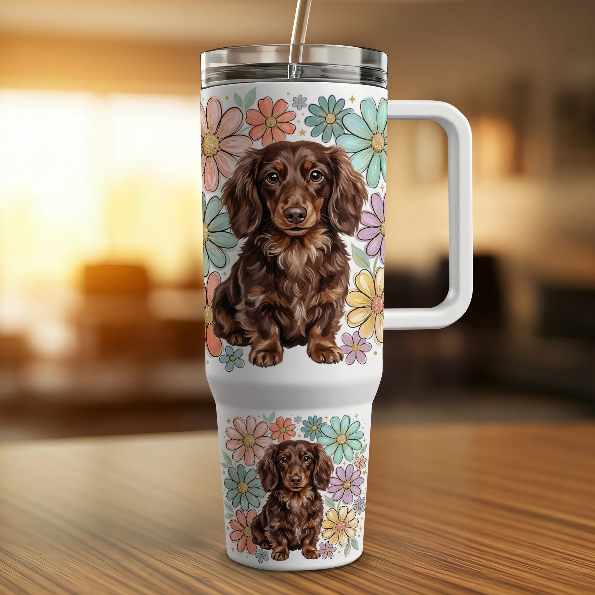 Brown dachshund with daisies wraps around a white travel tumbler.