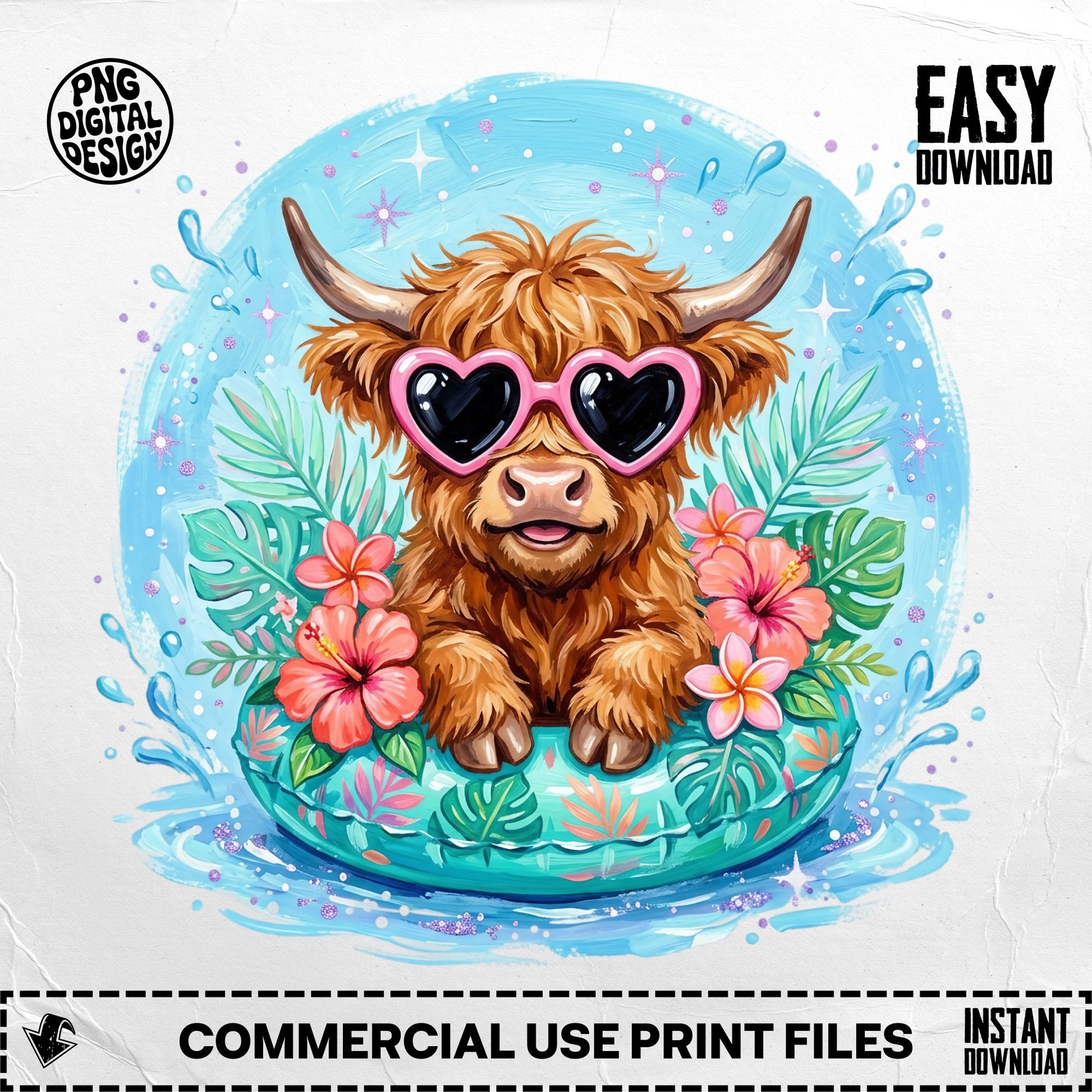 Highland cow in heart sunglasses floats in pool with tropical leaves and flowers.