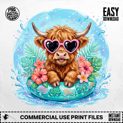 Highland cow in heart sunglasses floats in pool with tropical leaves and flowers.