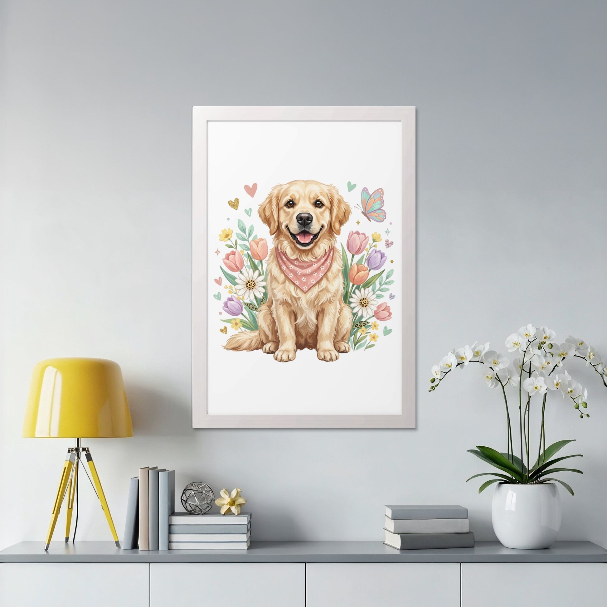 Golden retriever wearing a pink bandana with flowers and butterfly.
