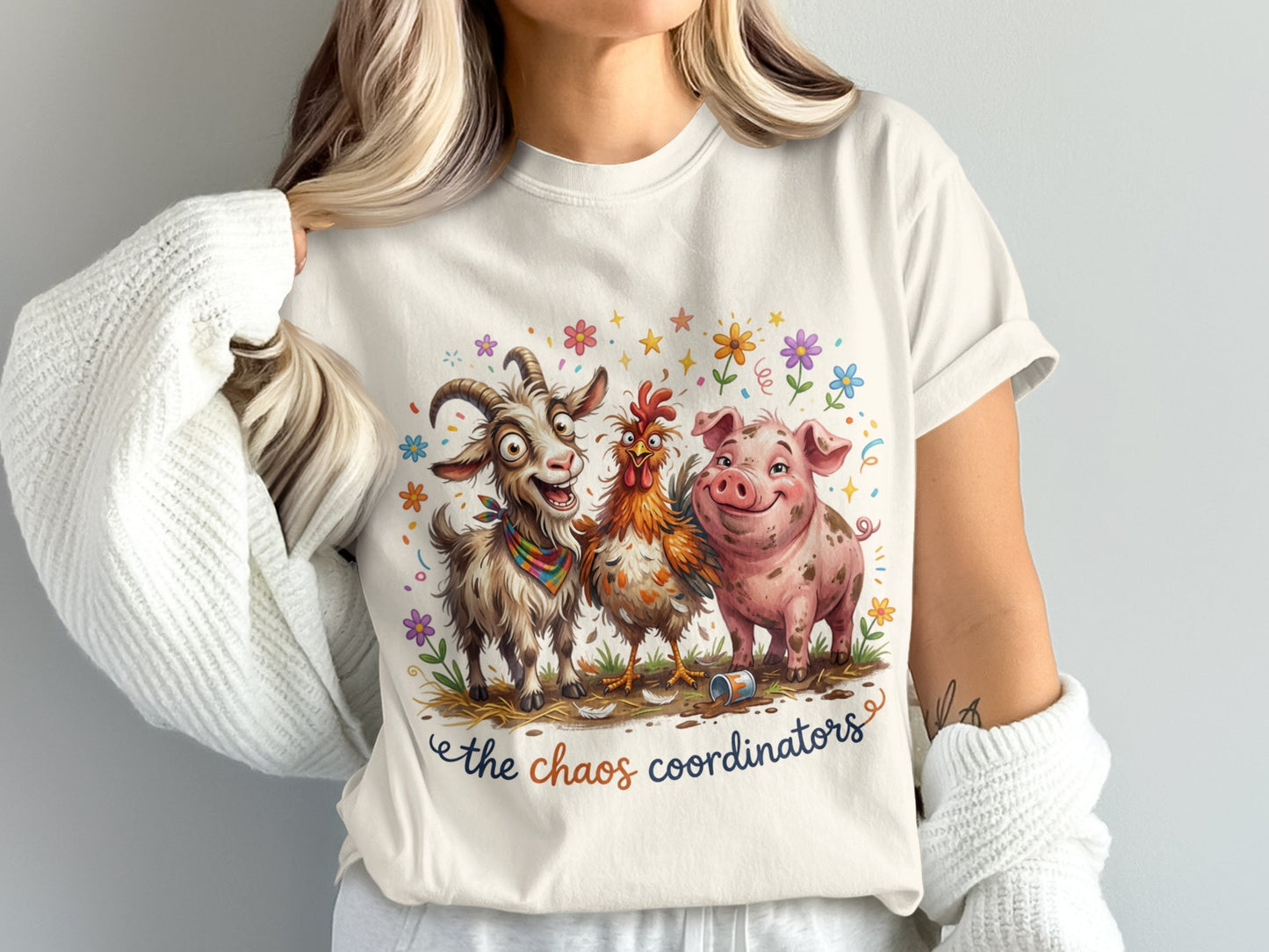 Cartoon goat, chicken, and pig with "the chaos coordinators" text.