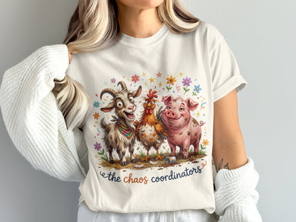 Cartoon goat, chicken, and pig with "the chaos coordinators" text.
