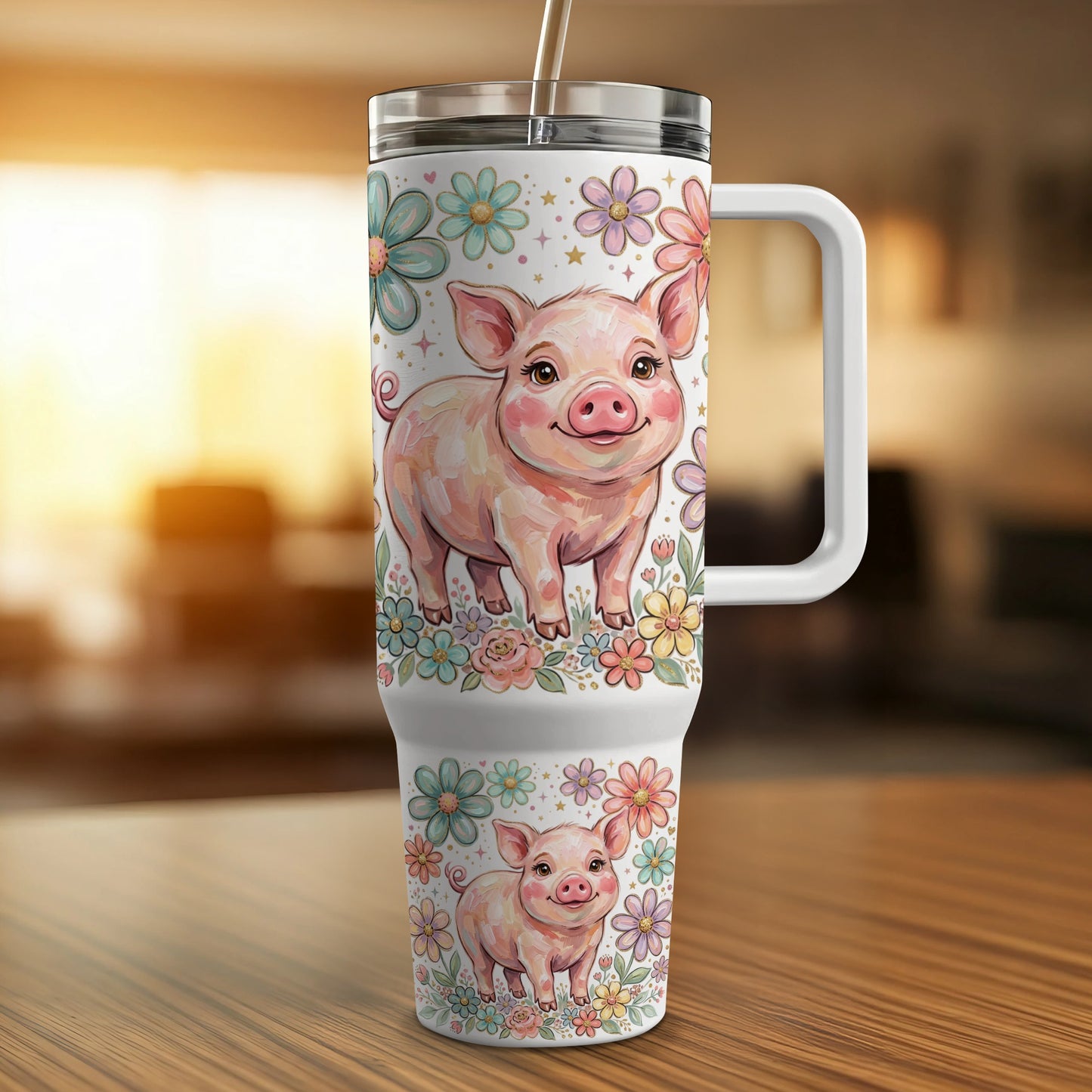 Pink pig illustration on a floral patterned tumbler with handle.