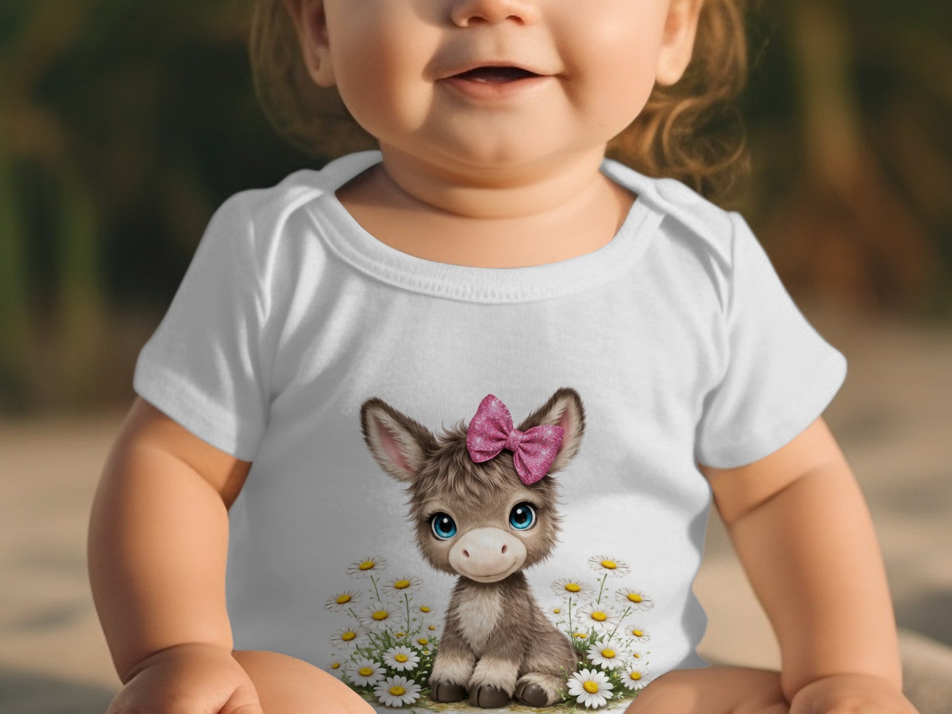 Baby wearing white onesie with smiling donkey and pink bow graphic.