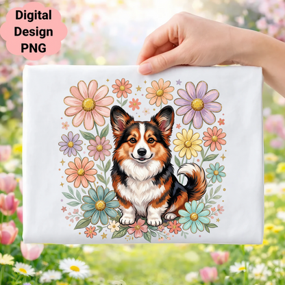 Corgi dog surrounded by colorful flowers, digital design.