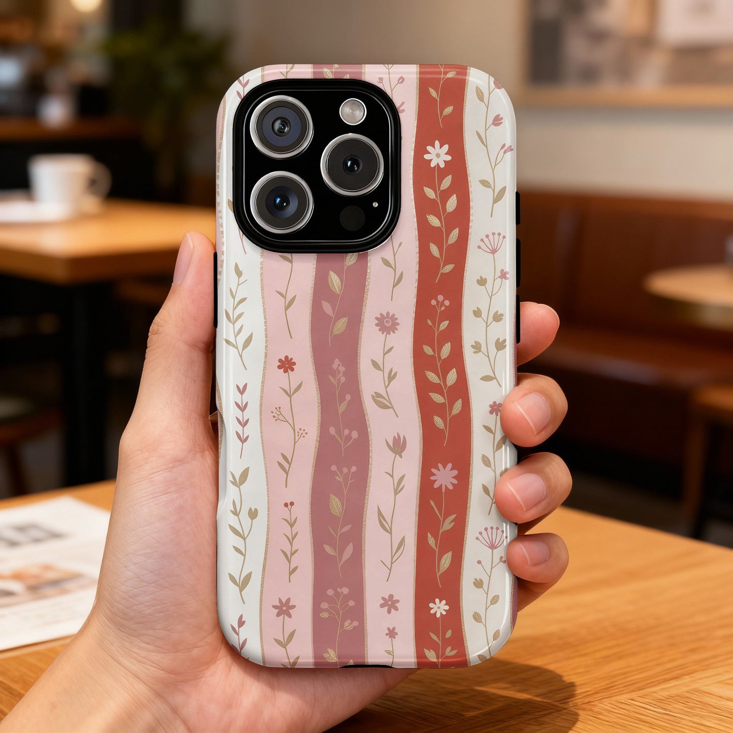 Hand holding an iPhone case with a floral and stripe pattern.