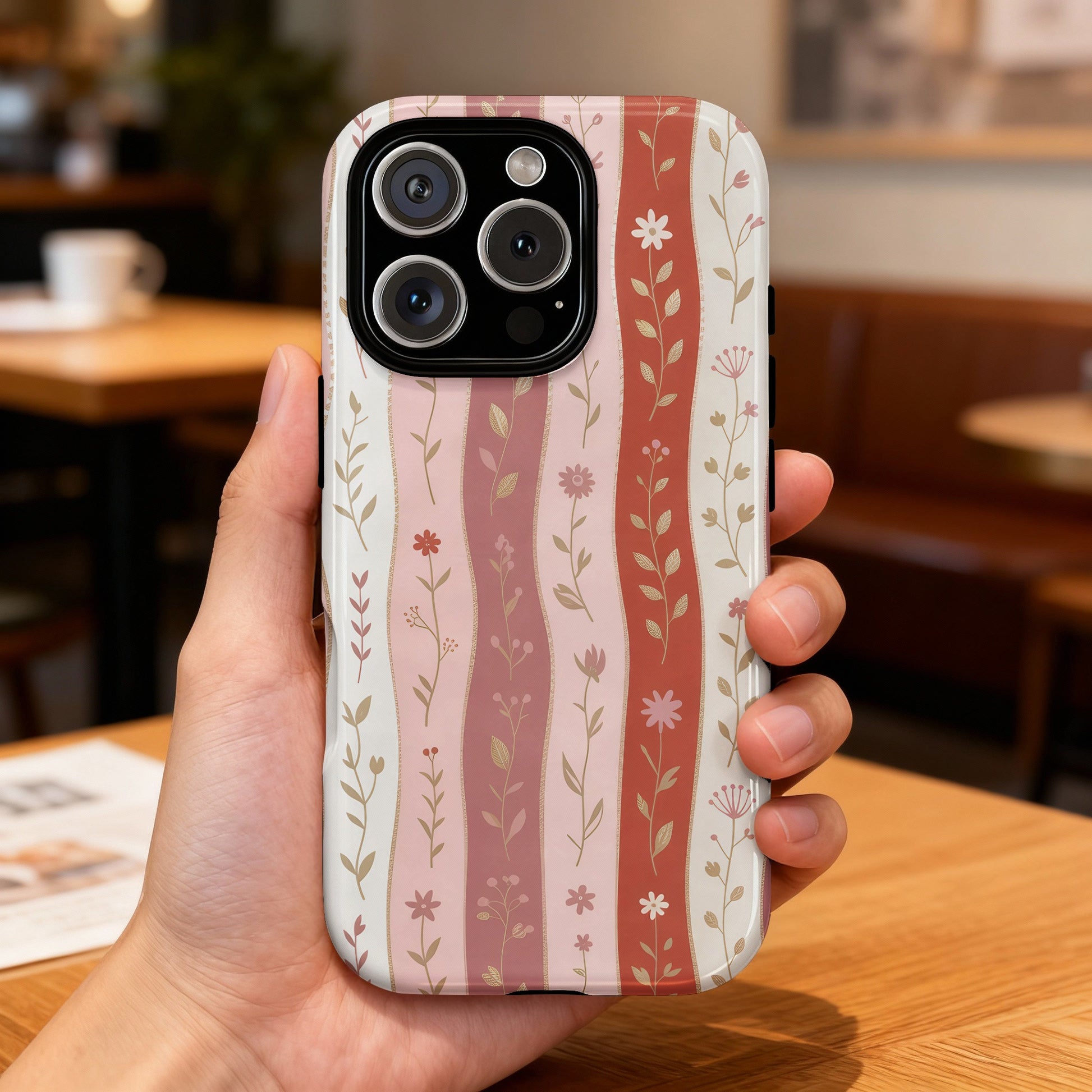 Hand holding an iPhone case with a floral and stripe pattern.