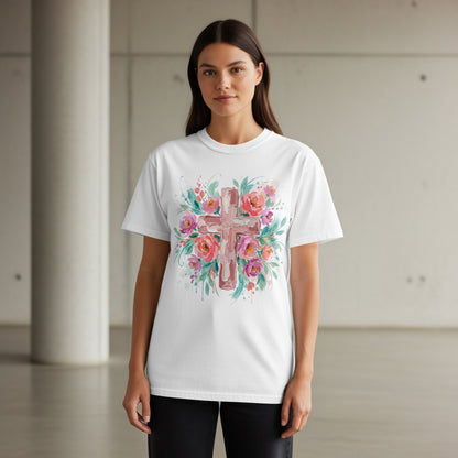 White t-shirt with watercolor floral cross design.