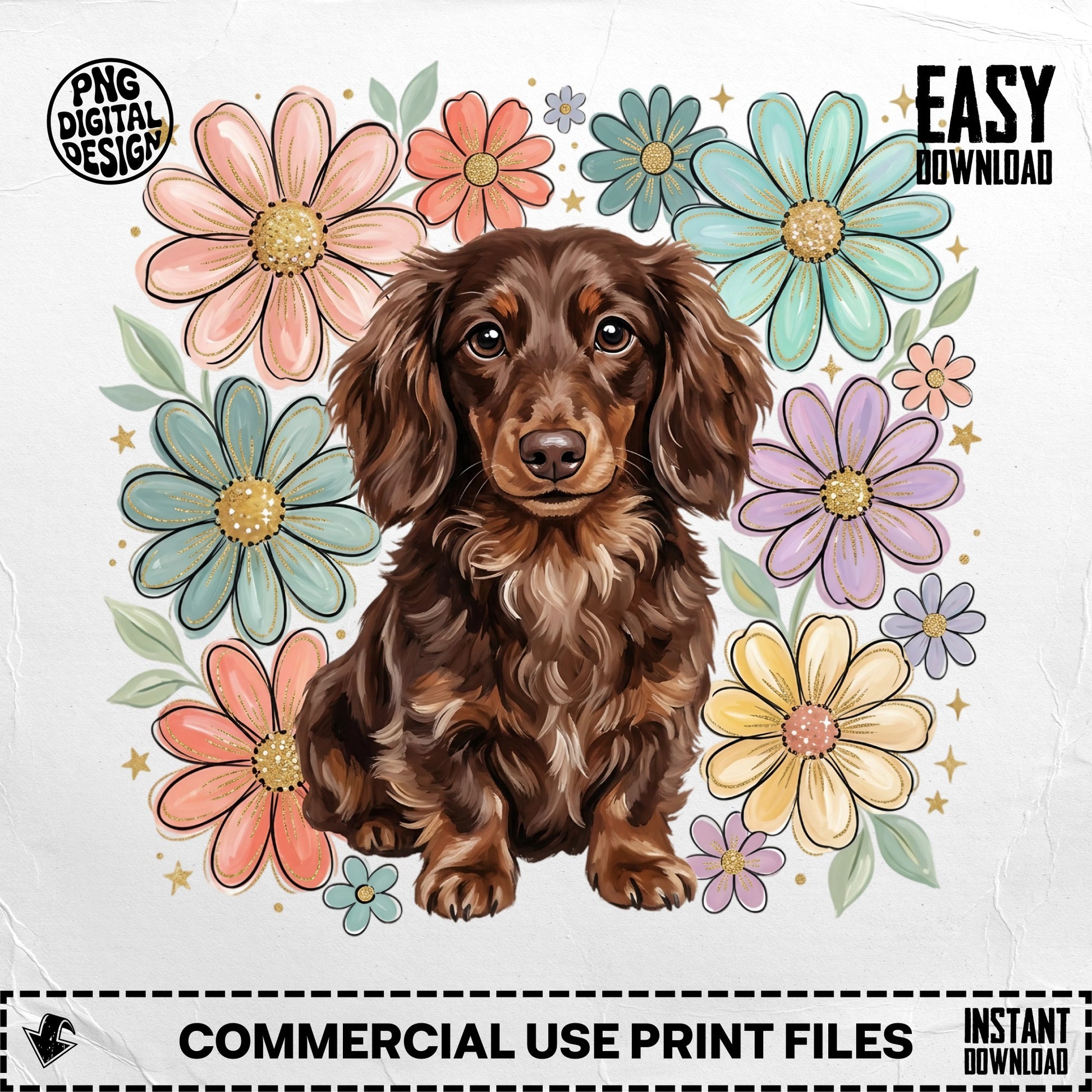 Brown dachshund puppy surrounded by colorful floral illustrations.