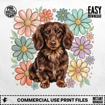 Brown dachshund puppy surrounded by colorful floral illustrations.