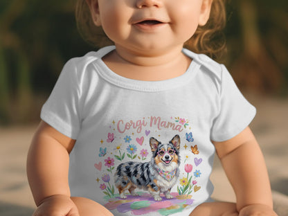 Baby wearing white bodysuit with Corgi Mama design and colorful floral pattern.