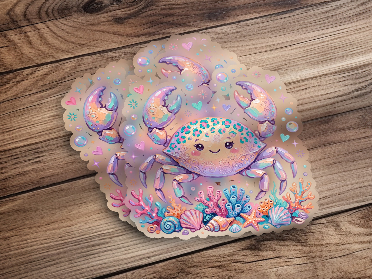 Cute cartoon crab with shells and coral on a wooden background.