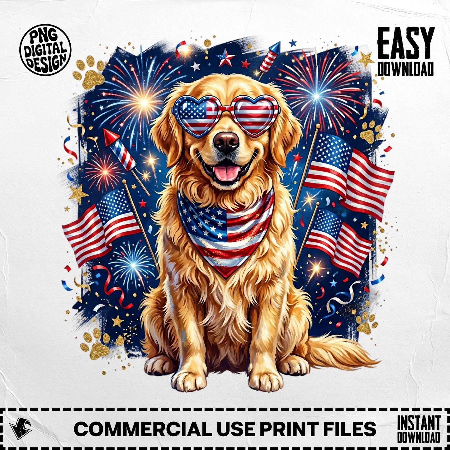 Golden retriever wearing sunglasses and bandana with American flags, fireworks background.