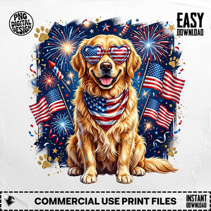 Golden retriever wearing sunglasses and bandana with American flags, fireworks background.