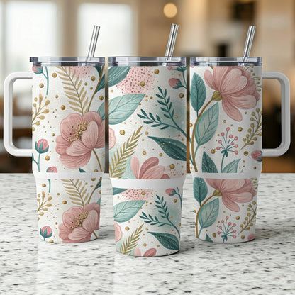 Three tumblers with floral patterns and handles stand on a speckled countertop.