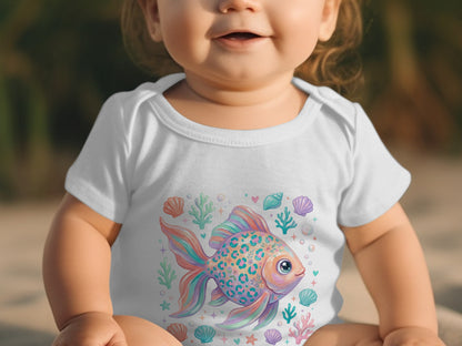 Baby wearing white bodysuit with colorful fish and seashell graphic.