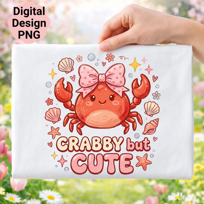 Cute crab with "Crabby but Cute" text, surrounded by stars and shells.