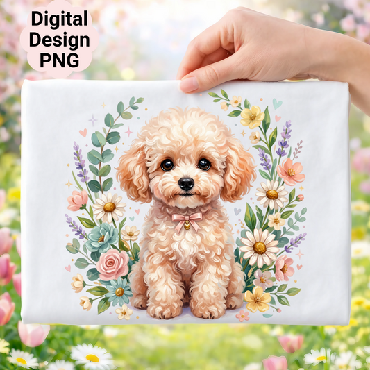 Fluffy poodle with floral wreath, "Digital Design PNG" text.