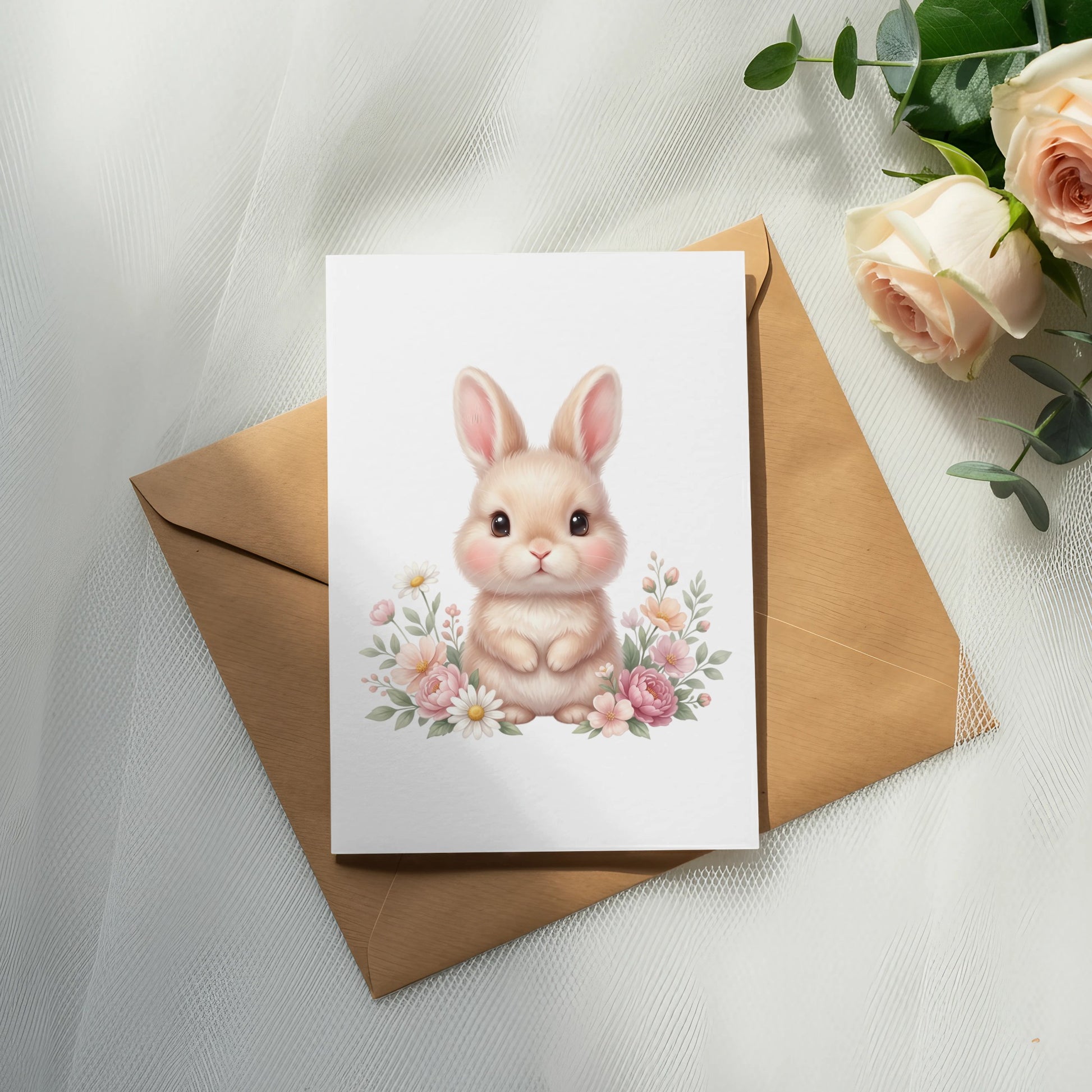 Cute bunny surrounded by pink flowers on a card atop a brown envelope.