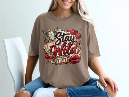 T-shirt with "Stay Wild" graphic featuring casino and western imagery.
