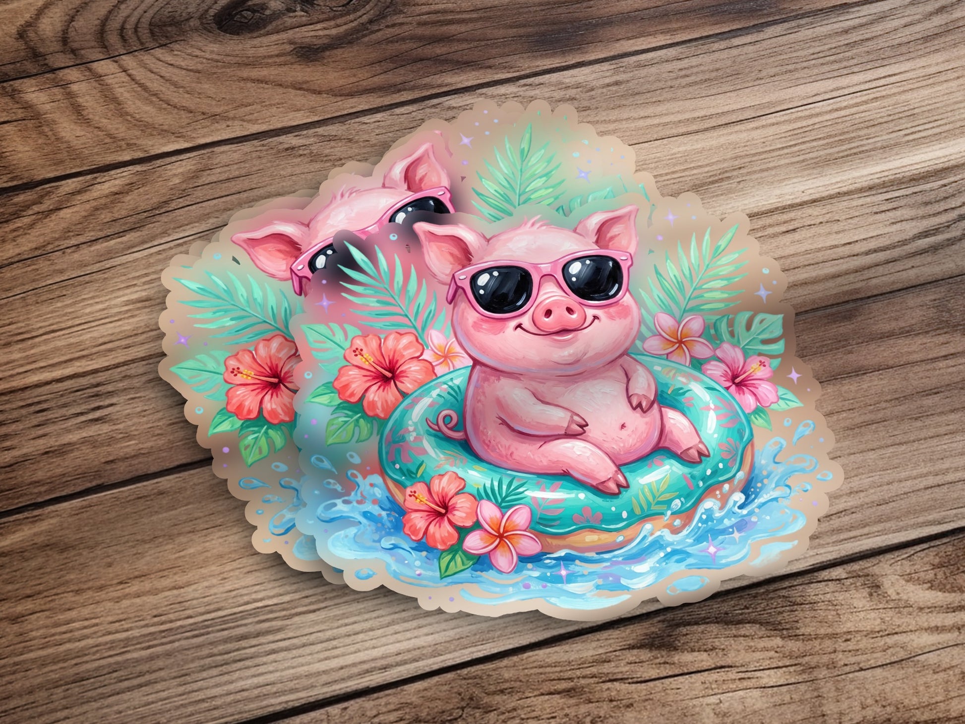 Cute pig wearing sunglasses floats on a pool ring surrounded by flowers.