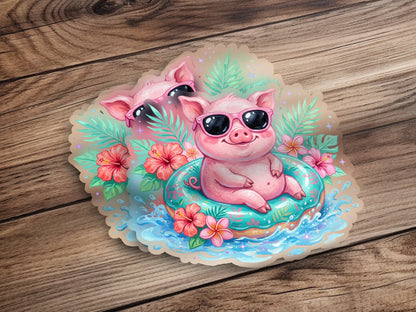 Cute pig wearing sunglasses floats on a pool ring surrounded by flowers.