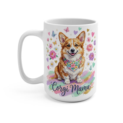 Corgi wearing a bandana smiles among flowers and butterflies with "Corgi Mama" text.