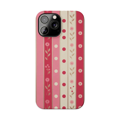 Pink and red striped phone case with floral and polka dot pattern.